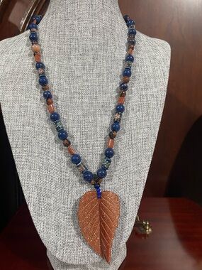 Handmade Blue and Brown Leaf Pendant Necklace